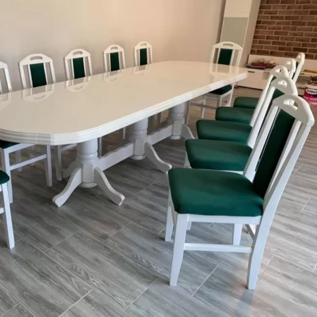 Set masă cu 12 scaune vintage, culoare Alb+Verde