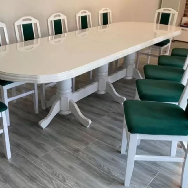 Set masă cu 12 scaune vintage, culoare Alb+Verde