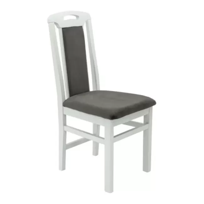 Scaune din lemn alb lucios, tapițerie gri