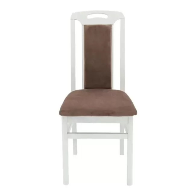 Scaune din lemn alb lucios, tapițerie maro
