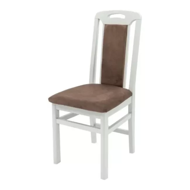 Scaune din lemn alb lucios, tapițerie maro