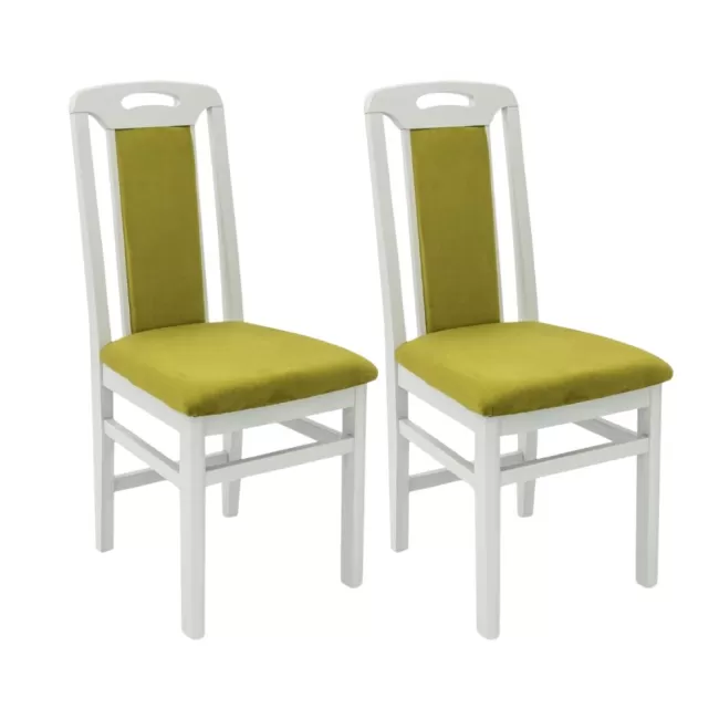 Scaune din lemn alb lucios, tapițerie verde