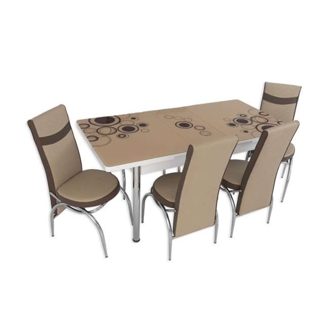 Set masa extensibila cu 4 scaune, MDF, blat sticla securizata, maro + crem, 169 x 80 cm