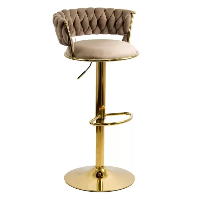 Scaune de bar tapițate pe catifea și bază metalică aurie