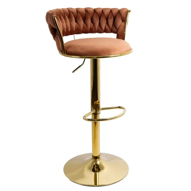 Scaune de bar din catifea cu bază aurie-maro