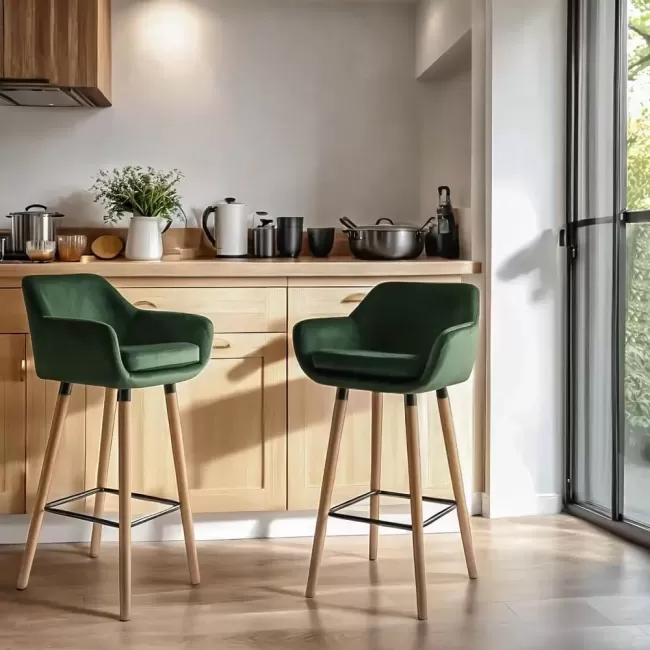 Scaune de bar și insulă bucătărie catifea și lemn ABS 1271 verde