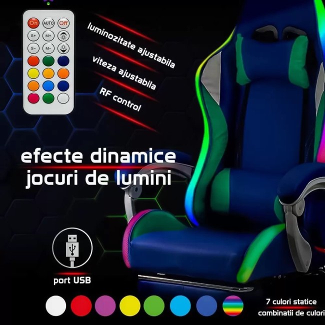Scaun gaming cu iluminare si suport picioare OFF 298 albastru Scaun gaming cu iluminare si suport picioare OFF 298 albastru