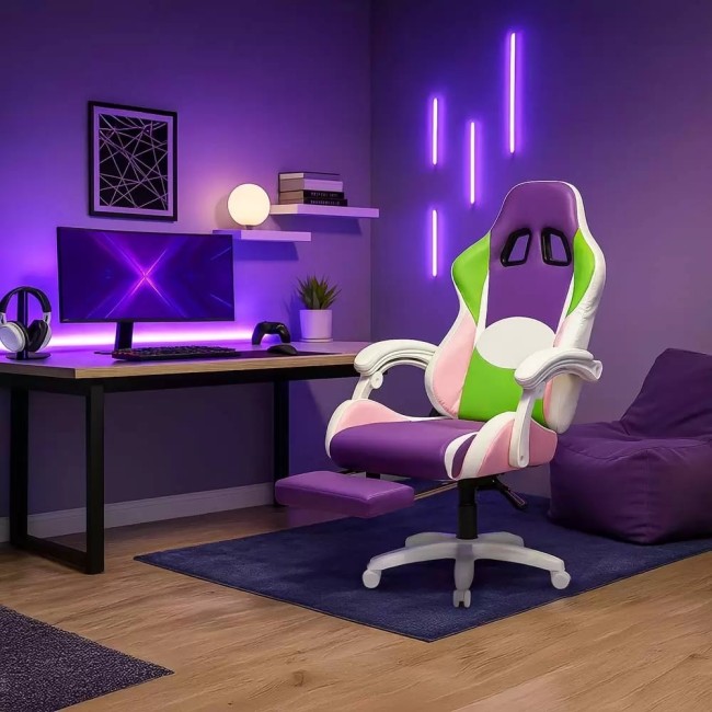 Scaun gaming cu iluminare si suport picioare OFF 298 mov si roz