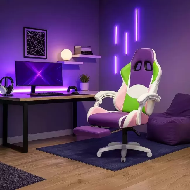 Scaun gaming cu iluminare si suport picioare OFF 298 mov si roz