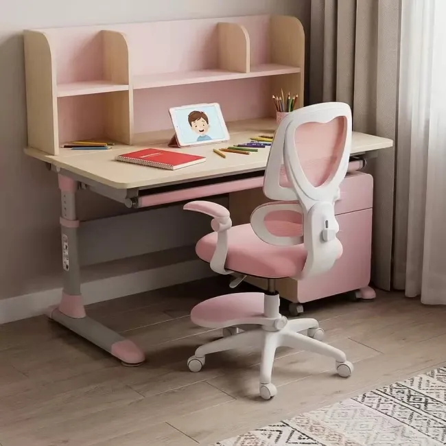 Scaun birou copii OFF 335 roz, mesh, suport picioare