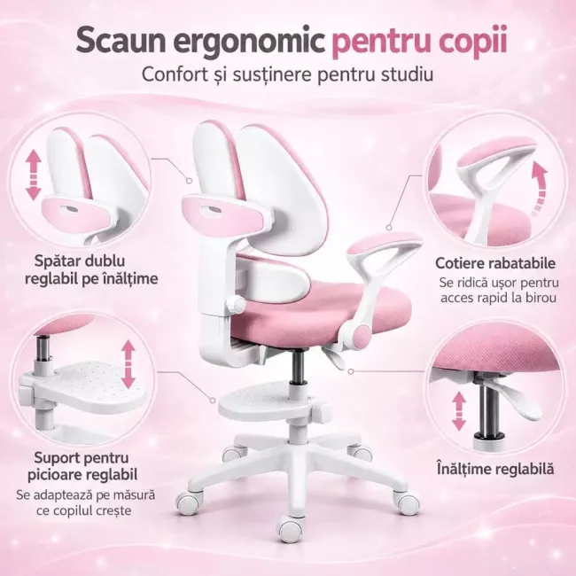 Scaun birou copii OFF 337 roz cu suport pentru picioare