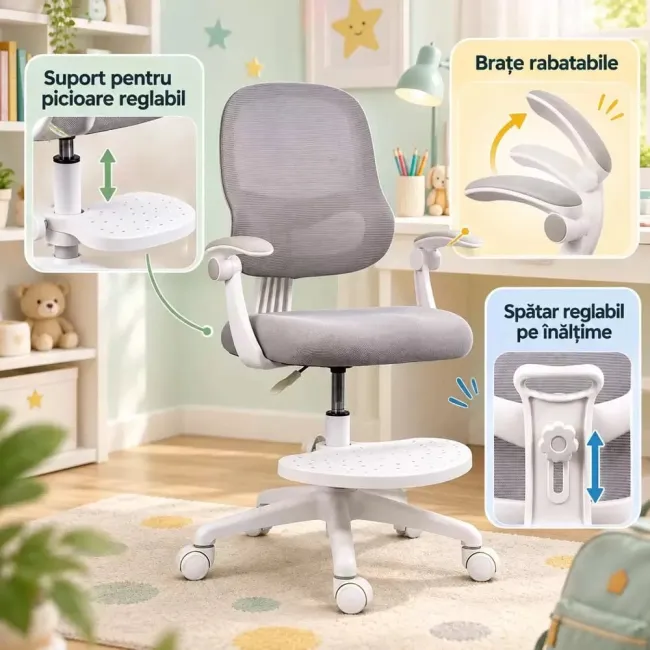 Scaun birou copii OFF 339 gri cu suport pentru picioare