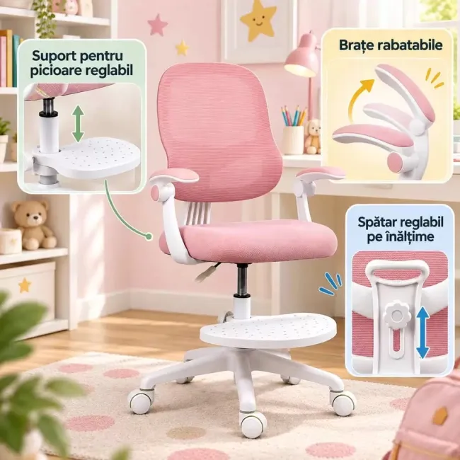 Scaun birou copii OFF 339 roz cu suport pentru picioare
