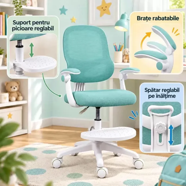 Scaun birou copii OFF 339 turcoaz cu suport picioare
