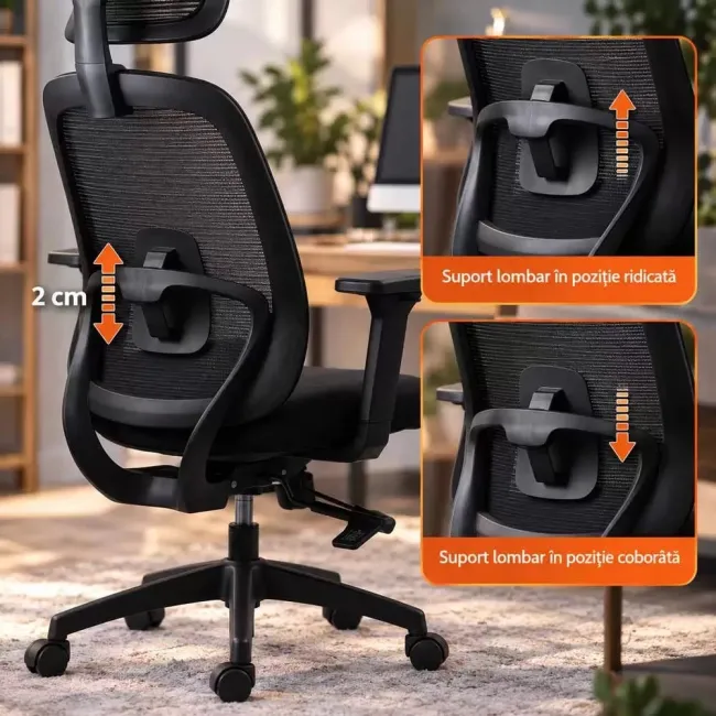 Scaun ergonomic de birou OFF 404 negru, mesh, tetieră și brațe 3D
