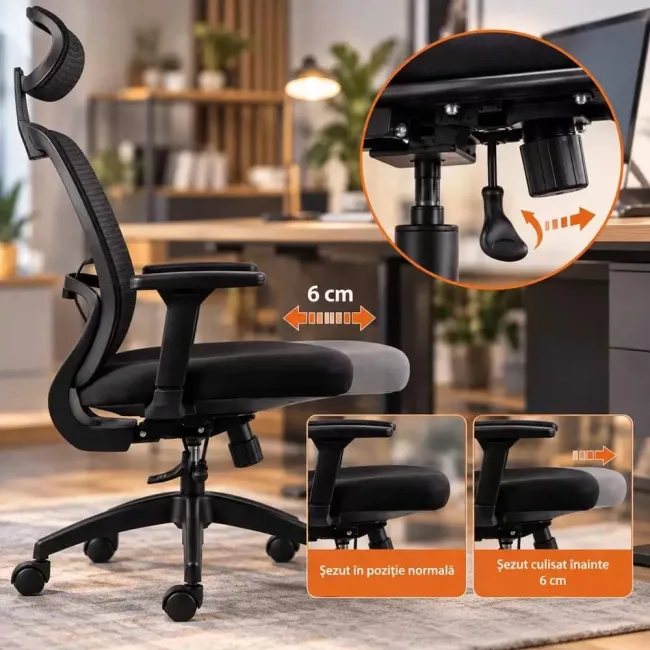 Scaun ergonomic de birou OFF 404 negru, mesh, tetieră și brațe 3D
