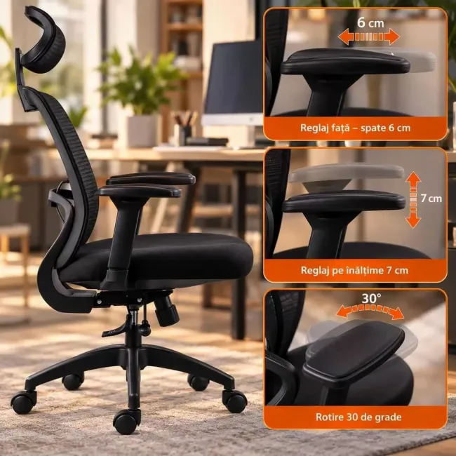 Scaun ergonomic de birou OFF 404 negru, mesh, tetieră și brațe 3D
