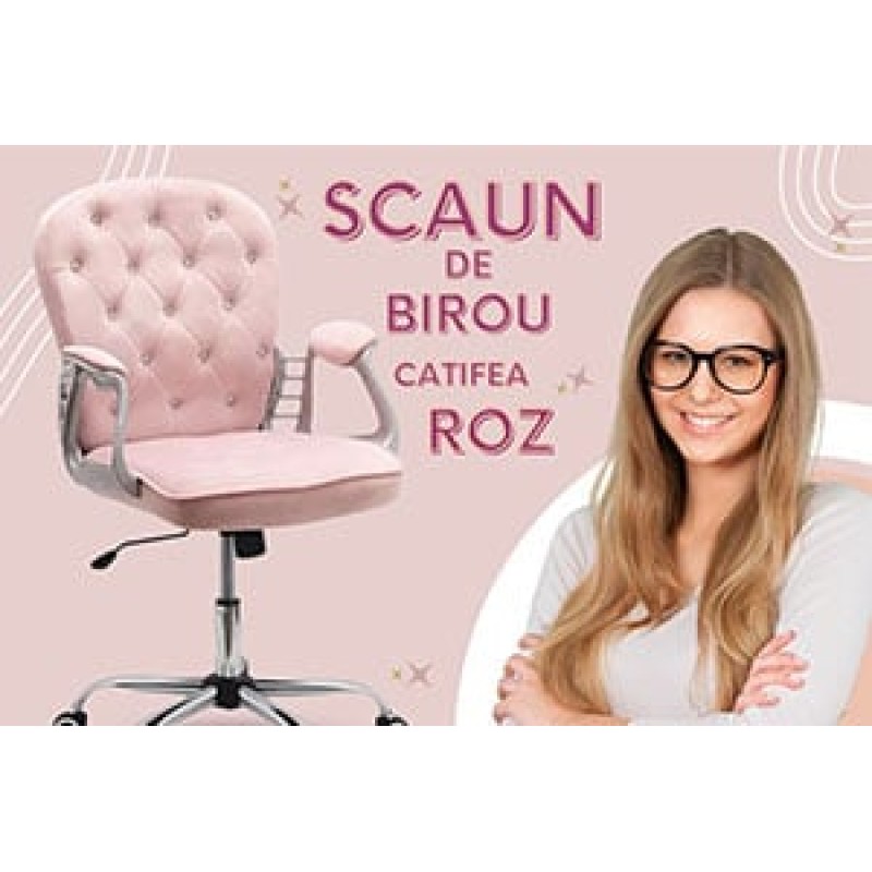 Scaune de birou reglabile din catifea roz si baza metalica