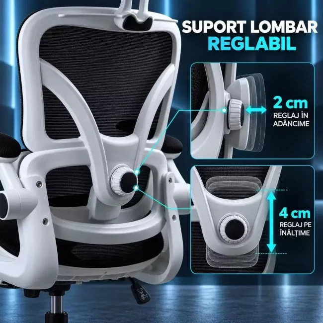Scaun ergonomic de birou OFF 440 alb, mesh negru, suport lombar reglabil