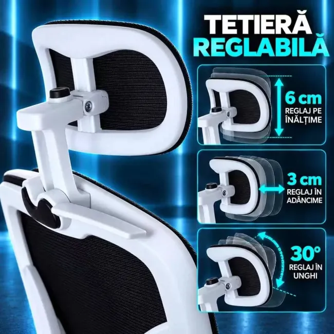 Scaun ergonomic de birou OFF 440 alb, mesh negru, suport lombar reglabil