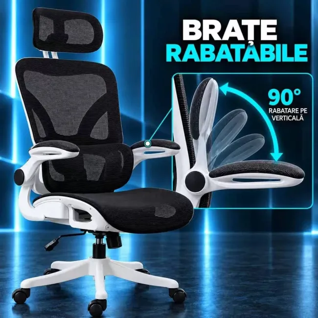 Scaun ergonomic de birou OFF 440 alb, mesh negru, suport lombar reglabil