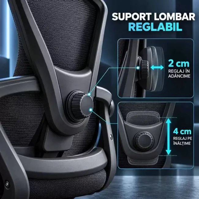 Scaun ergonomic de birou OFF 440 negru, mesh, suport lombar reglabil