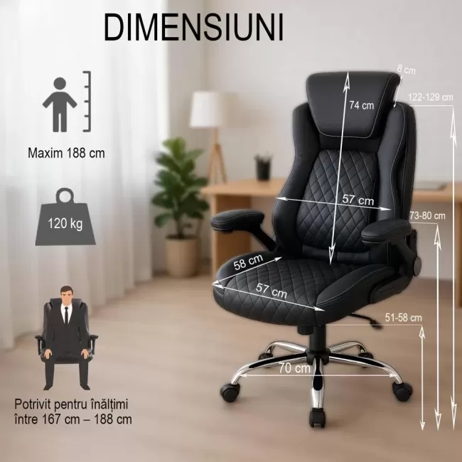 Scaun directorial negru Office 651 din piele ecologica cu suport lombar și tetieră reglabilă