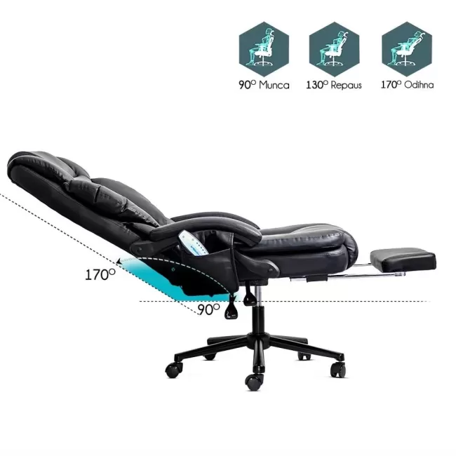 Scaun din piele cu masaj și suport picioare OFF 935 negru