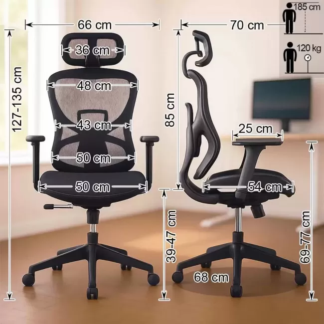 Scaun de birou ergonomic negru din mesh cu brațe reglabile 3D SYYT 9518