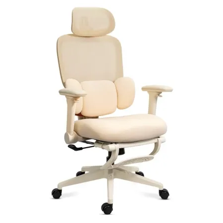 Scaun ergonomic SYYT 9523 crem, mesh, suport picioare, tetieră și spătar rabatabil