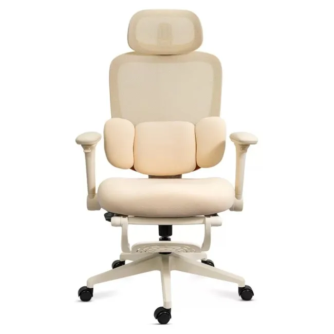 Scaun ergonomic SYYT 9523 crem, mesh, suport picioare și tetieră