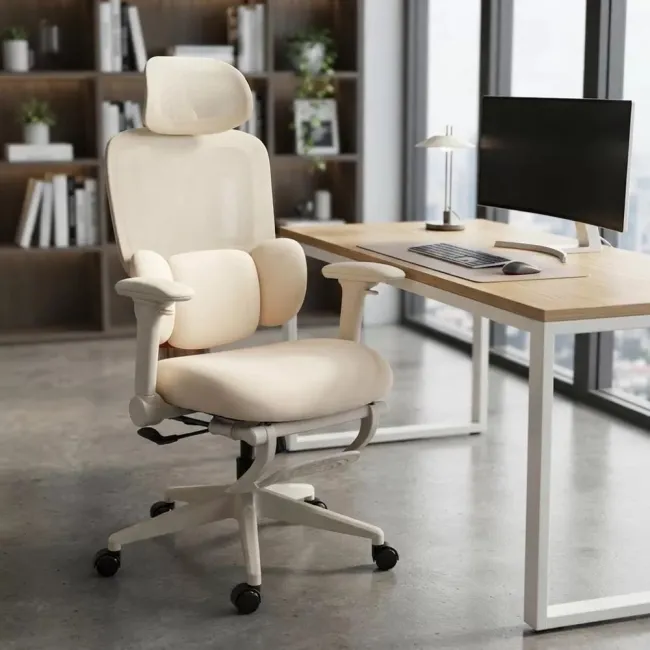 Scaun ergonomic SYYT 9523 crem, mesh, suport picioare și tetieră