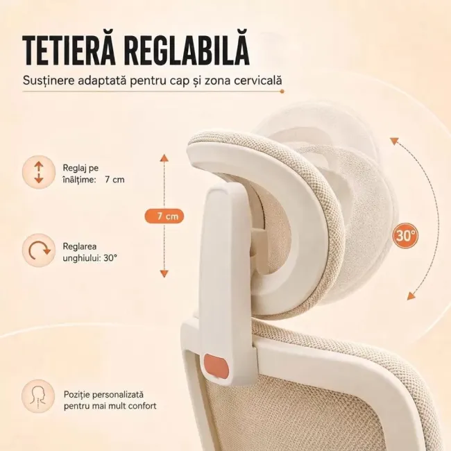 Scaun ergonomic SYYT 9523 crem, mesh, suport picioare și tetieră