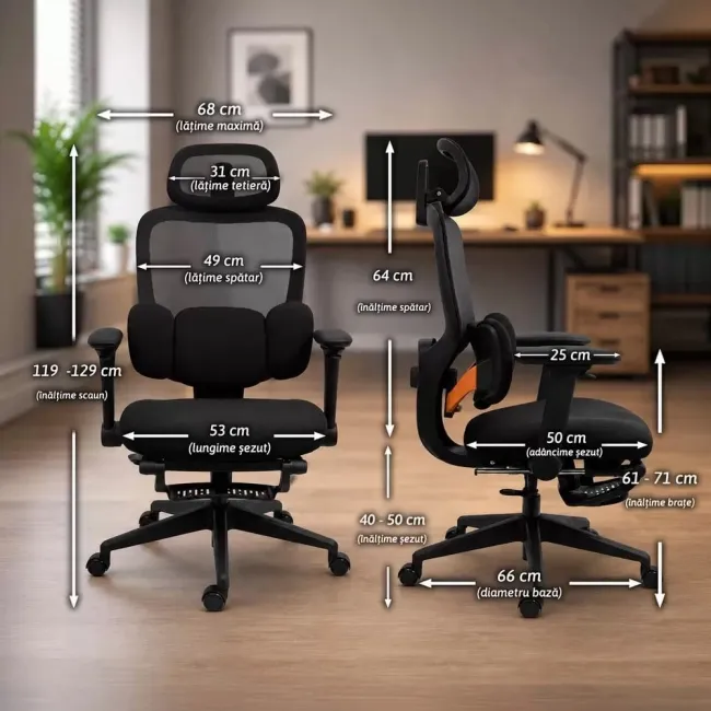 Scaun ergonomic SYYT 9523 negru, mesh, suport picioare și tetieră