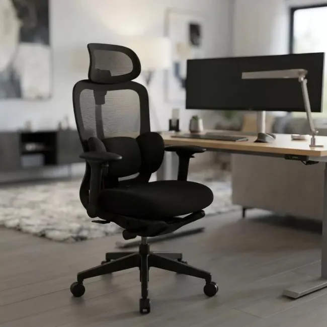 Scaun ergonomic SYYT 9523 negru, mesh, suport picioare și tetieră