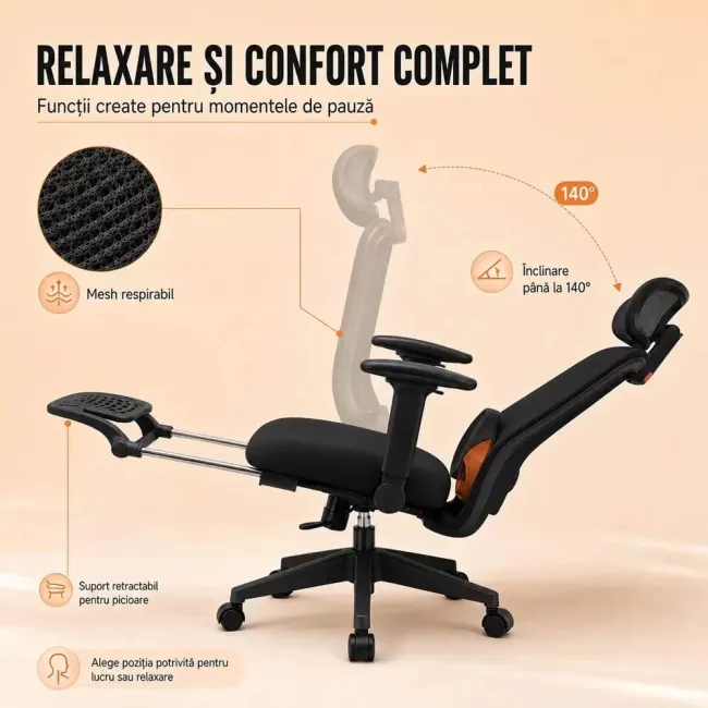 Scaun ergonomic SYYT 9523 negru, mesh, suport picioare și tetieră