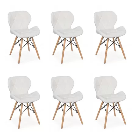 Set 6 scaune de bucătărie din piele și lemn Alb