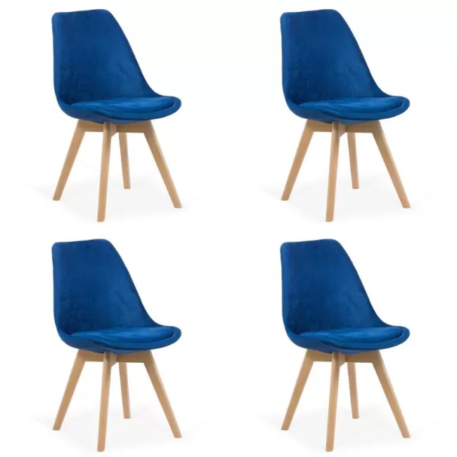 4 scaune bucatarie-living catifea cu picioare din lemn pe Albastru