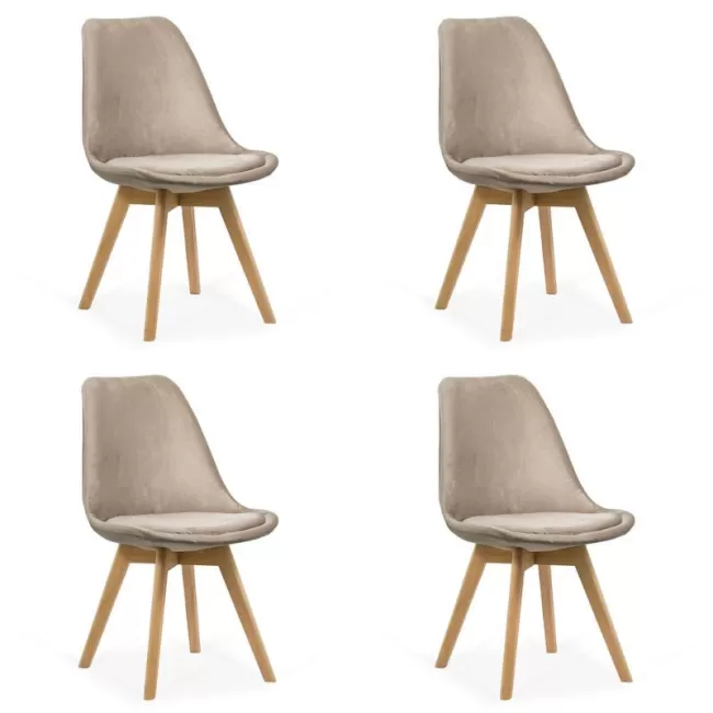 4 Scaune bucatarie-living catifea cu picioare din lemn pe Bej