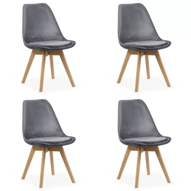 4 scaune bucatarie-living catifea cu picioare din lemn pe Gri