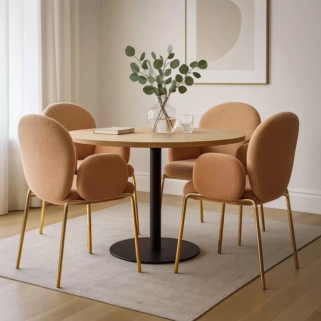 Scaun dining din material boucle pe cadru metalic auriu BUC 282 bej Scaun dining din material boucle pe cadru metalic auriu BUC 282 bej