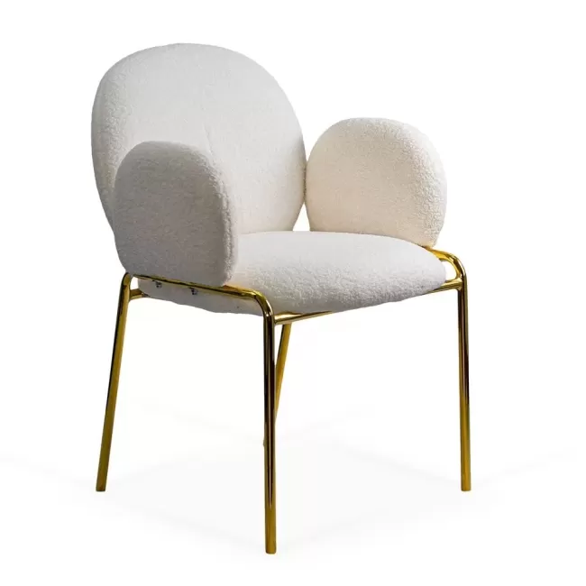 Scaun dining din material boucle pe cadru metalic auriu BUC 282 crem