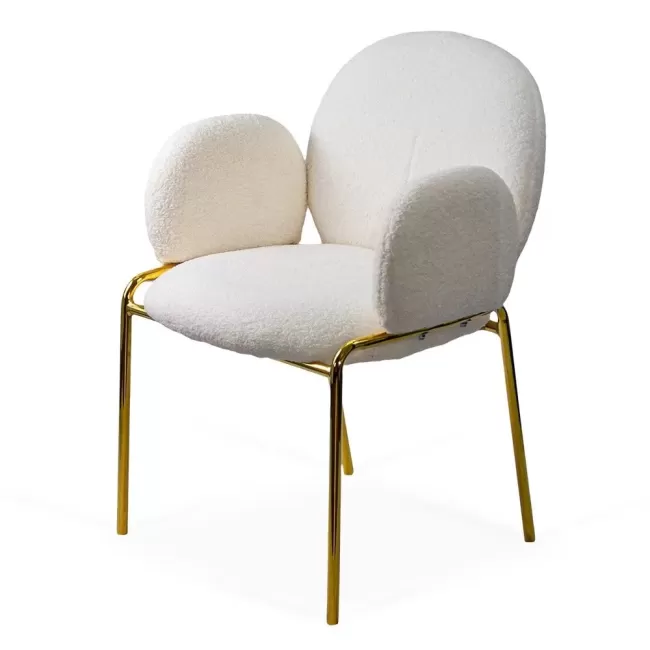 Scaun dining din material boucle pe cadru metalic auriu BUC 282 crem