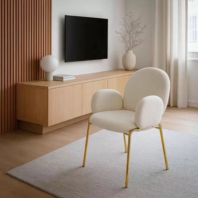 Scaun dining din material boucle pe cadru metalic auriu BUC 282 crem