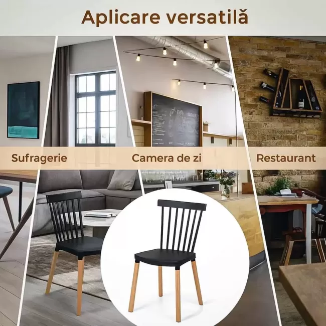 Scaune terasă din plastic si picioare din lemn HRC 595 Negru