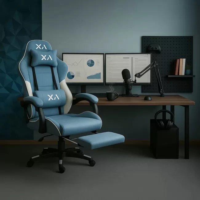 Scaun de gaming bleu Office 295 din stofă cu spătar rabatabil