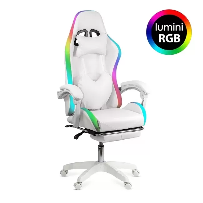 Scaun gaming cu iluminare RGB și suport pentru picioare OFF 298 alb