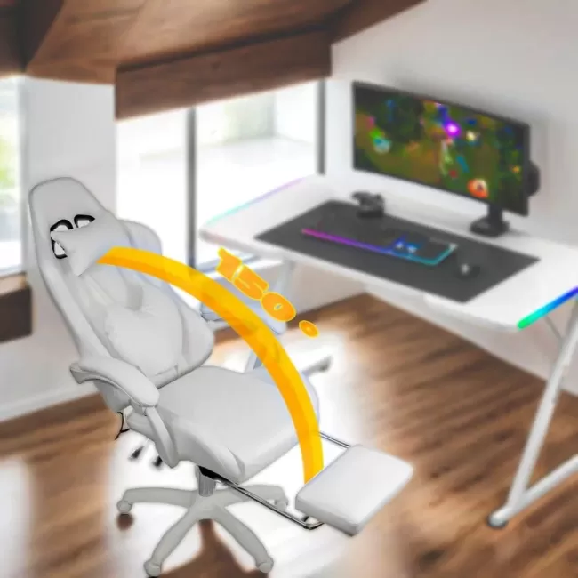 Scaun gaming cu iluminare RGB și suport pentru picioare OFF 298 alb