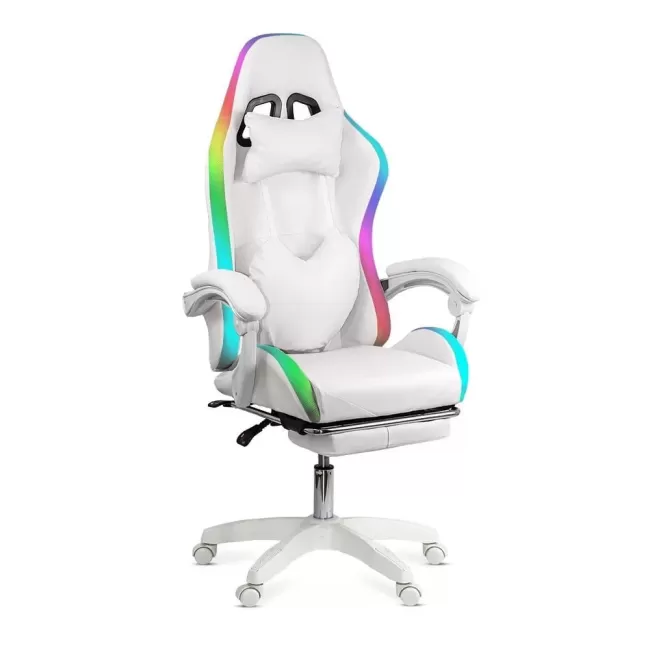 Scaun gaming cu iluminare RGB și suport pentru picioare OFF 298 alb