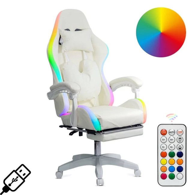 Scaun gaming cu iluminare RGB și suport pentru picioare OFF 298 Crem